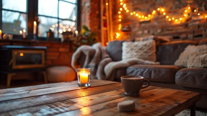 Peaceful evening scene with soft lighting, comfortable seating, and a warm beverage