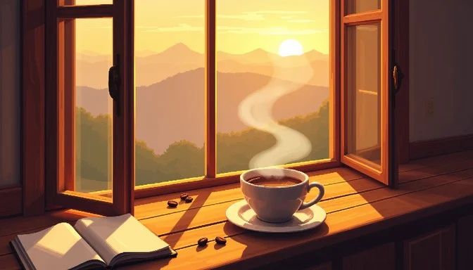 Peaceful sunrise view through a window with a cup of tea on the windowsill